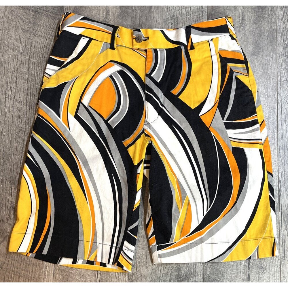 Loudmouth Golf Shorts Mens 32 Black Bright Yellow Stretch Colorful Swirl Outdoor